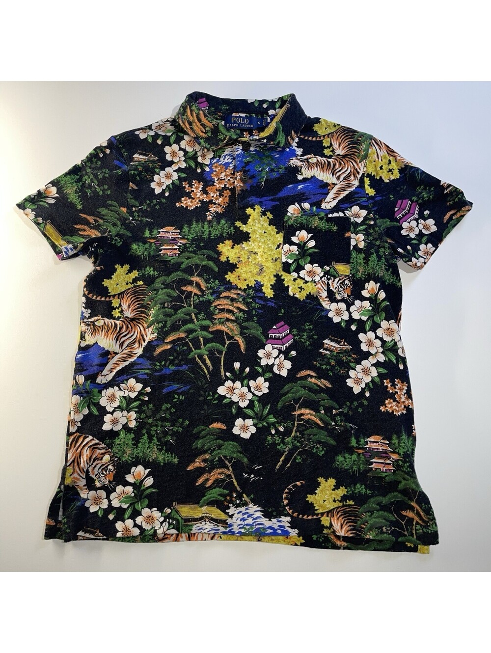 Polo Ralph Lauren Tiger Floral Polo Shirt Men’s S Japanese Pagoda Landscape Rare